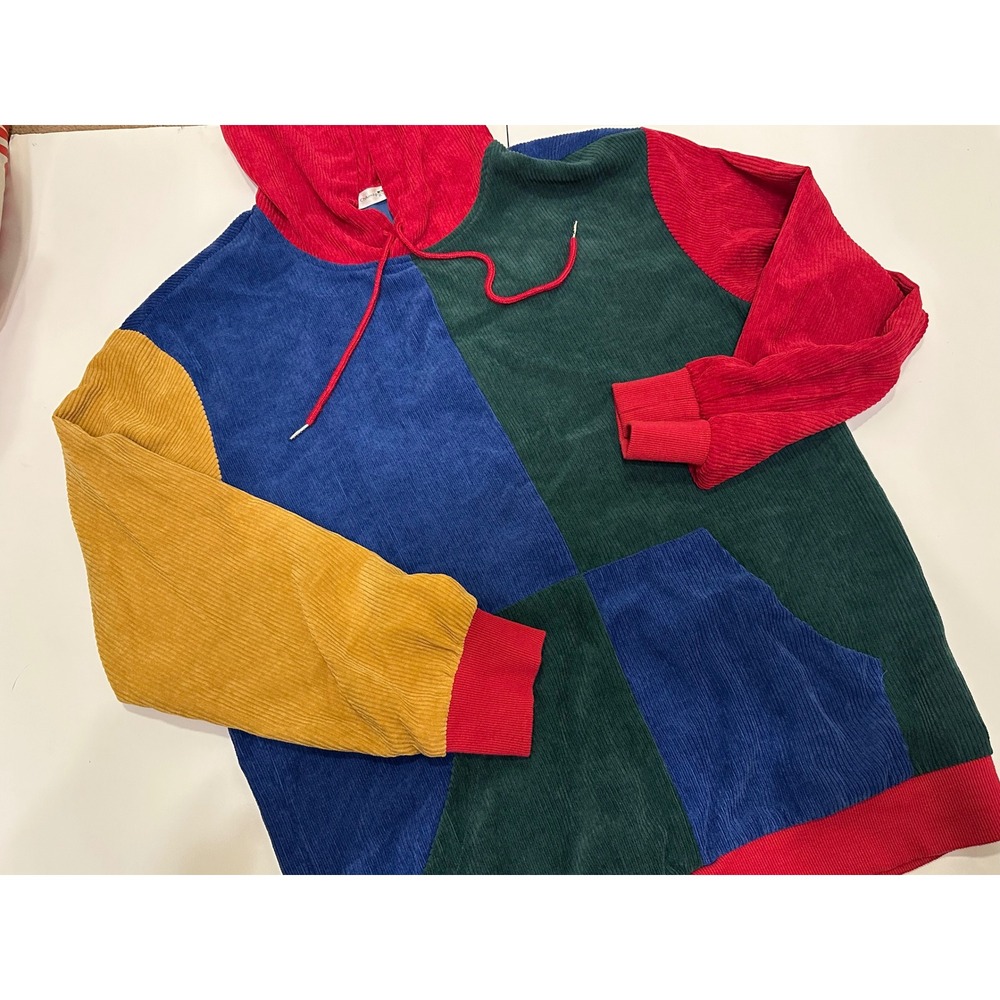 ChArmkpR Men's Retro Color‎ Block Patchwork Corduroy Drawstring Hoodie